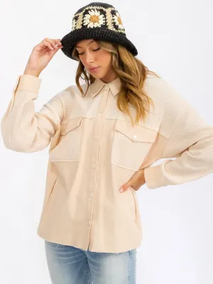 WOMEN'S LONG SLEEVE BUTTON UP FRONT POCKETS CONTRAST DENIM TOP