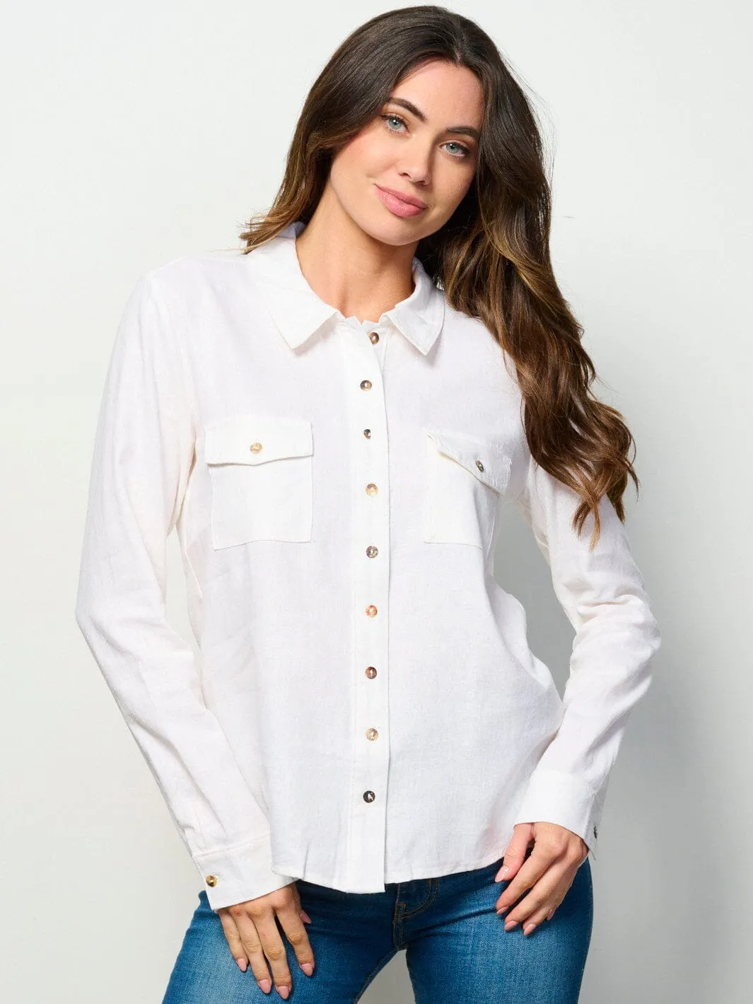 WOMEN'S LONG SLEEVE BUTTON UP FRONT POCKETS LINEN TOP