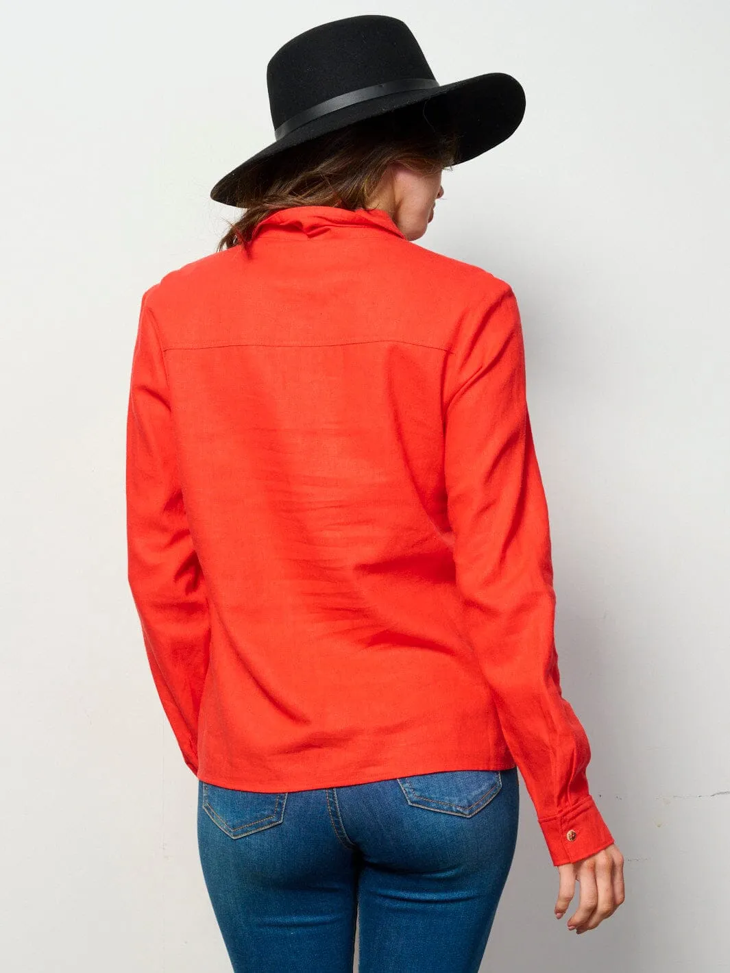 WOMEN'S LONG SLEEVE BUTTON UP FRONT POCKETS LINEN TOP