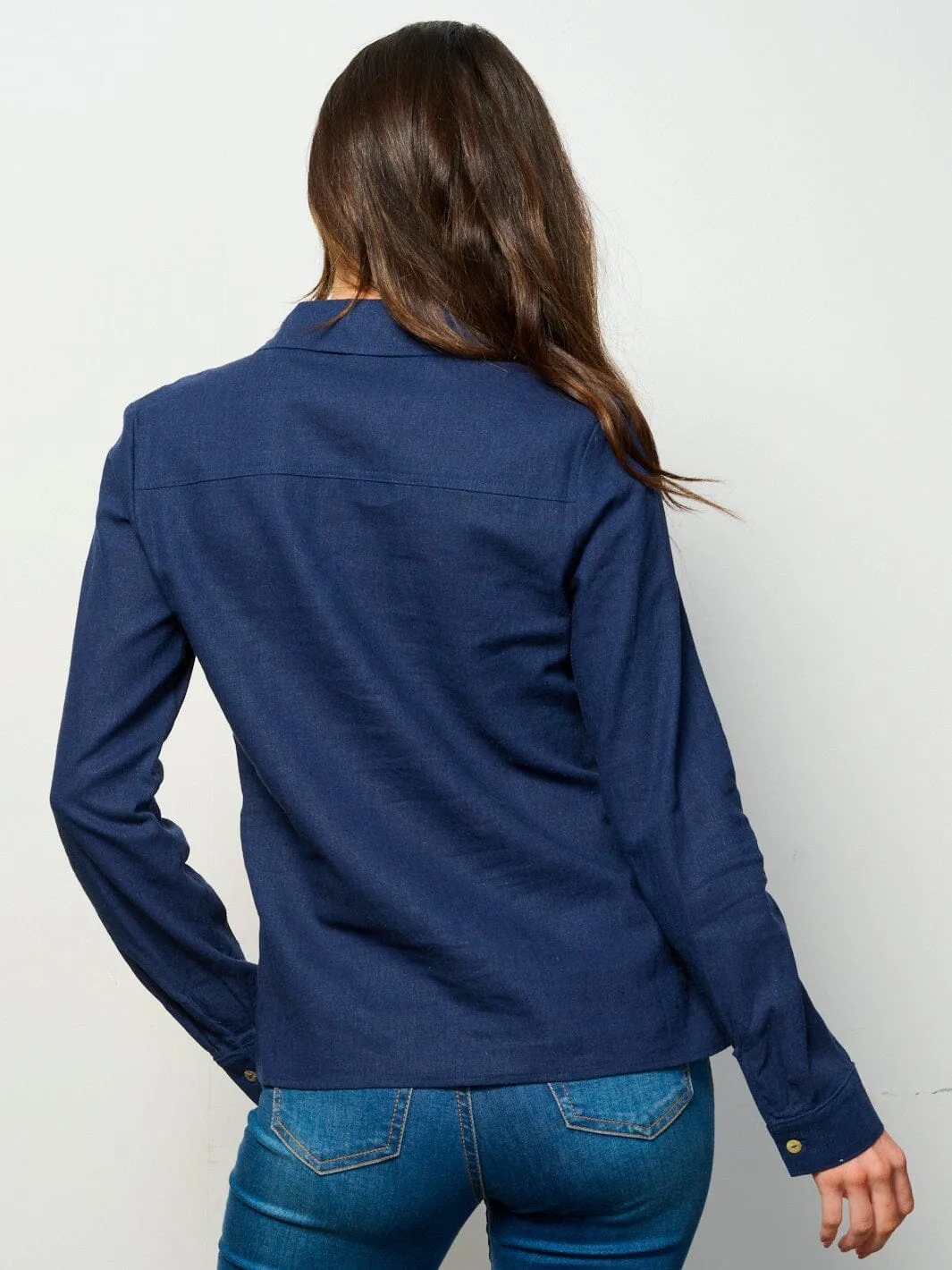 WOMEN'S LONG SLEEVE BUTTON UP FRONT POCKETS LINEN TOP
