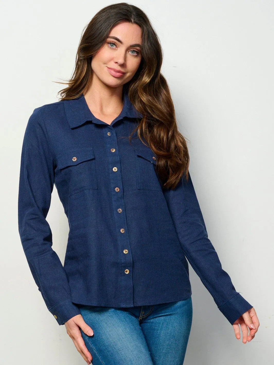 WOMEN'S LONG SLEEVE BUTTON UP FRONT POCKETS LINEN TOP