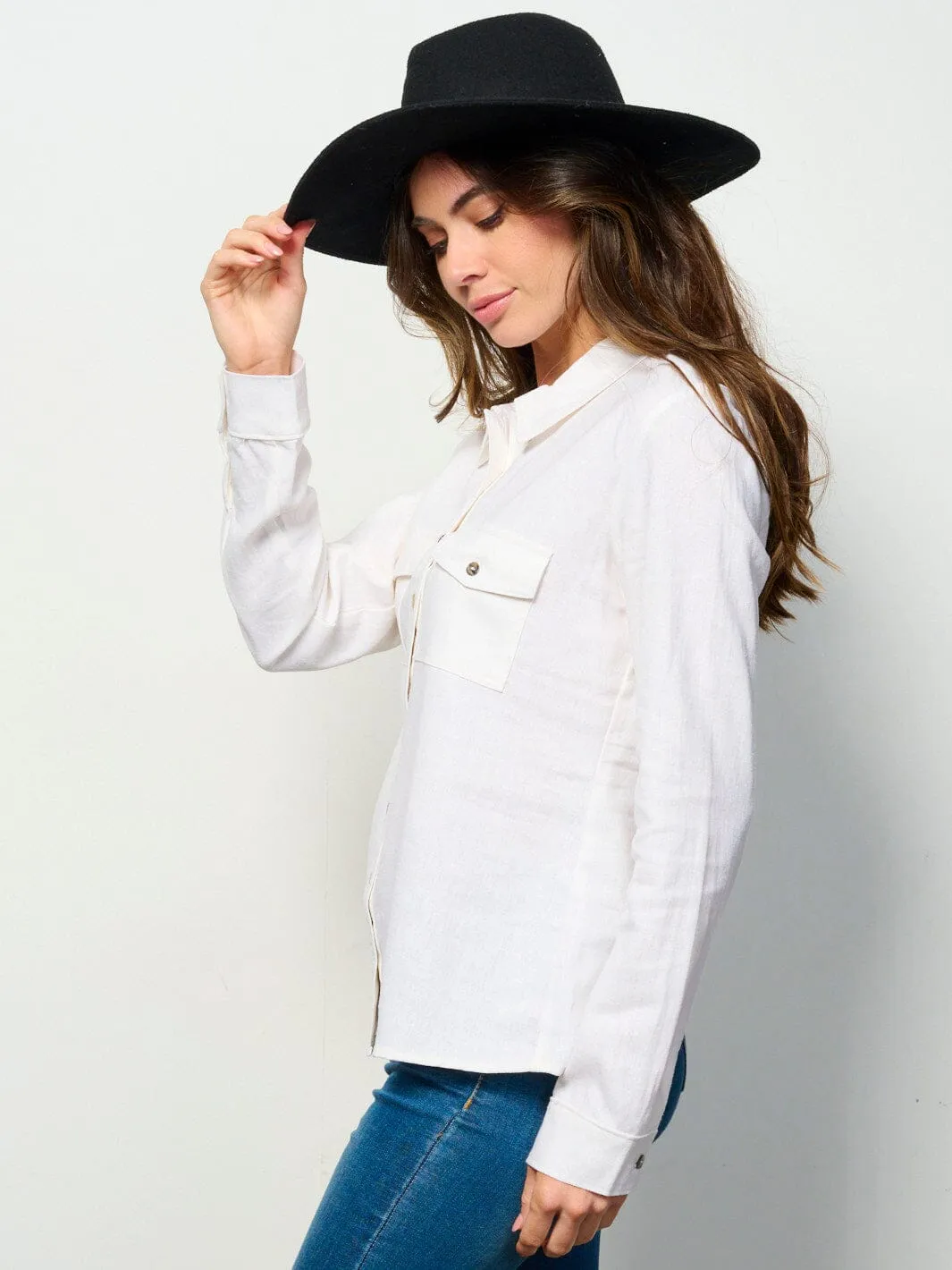 WOMEN'S LONG SLEEVE BUTTON UP FRONT POCKETS LINEN TOP