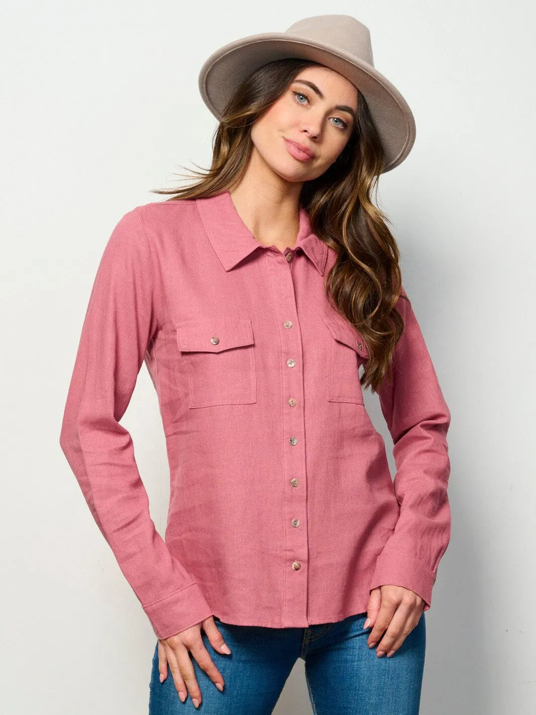 WOMEN'S LONG SLEEVE BUTTON UP FRONT POCKETS LINEN TOP
