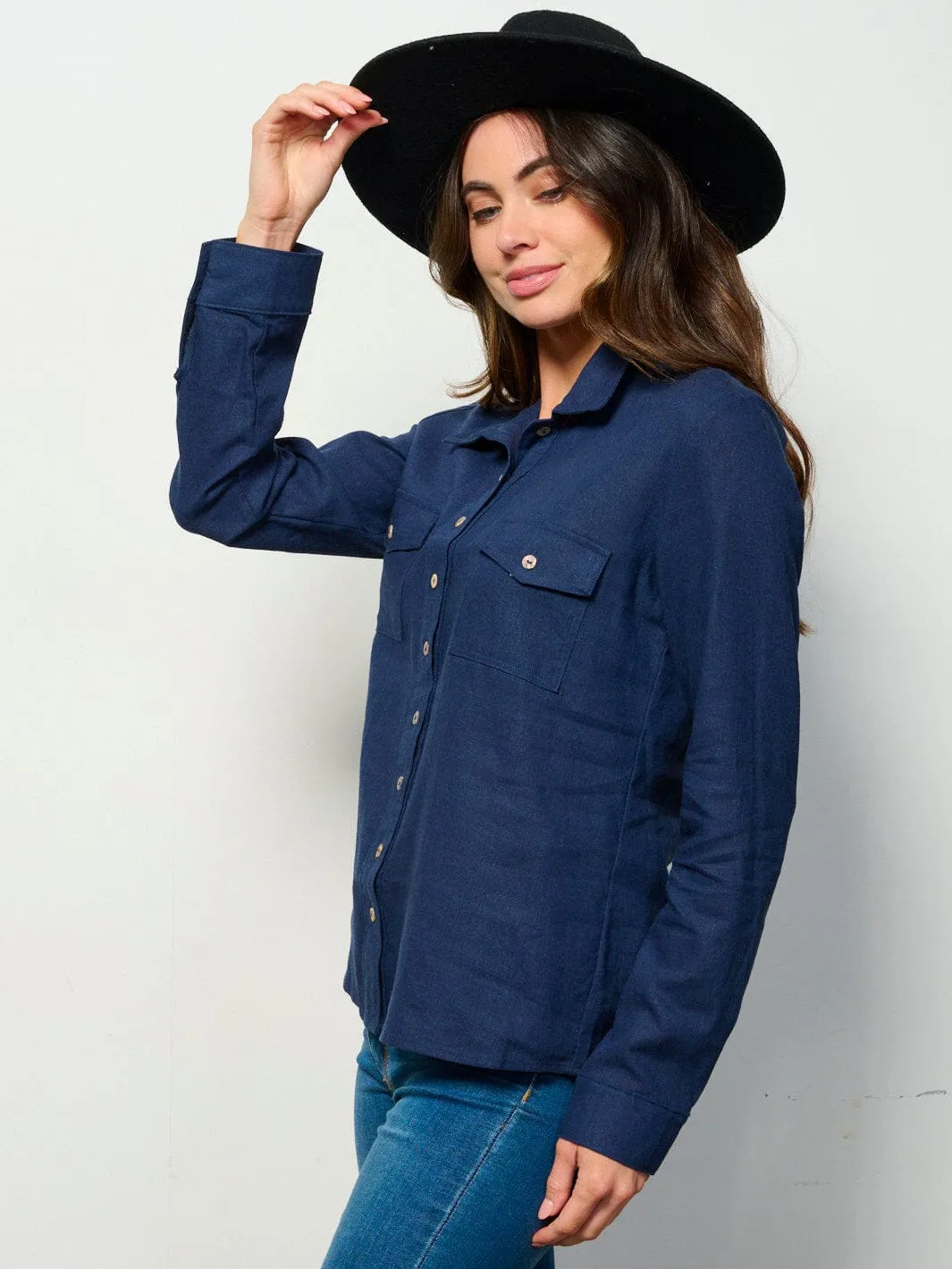 WOMEN'S LONG SLEEVE BUTTON UP FRONT POCKETS LINEN TOP
