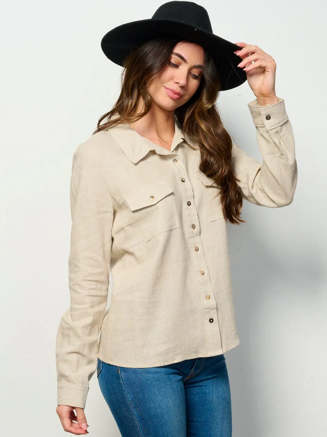 WOMEN'S LONG SLEEVE BUTTON UP FRONT POCKETS LINEN TOP