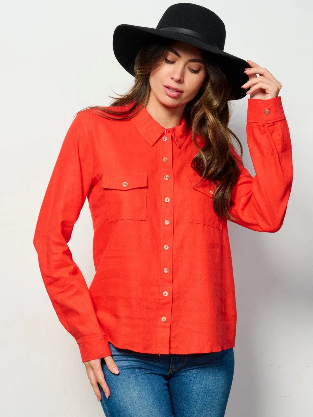 WOMEN'S LONG SLEEVE BUTTON UP FRONT POCKETS LINEN TOP