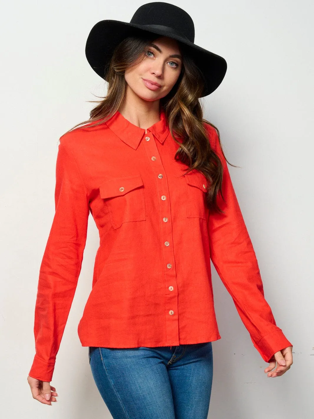 WOMEN'S LONG SLEEVE BUTTON UP FRONT POCKETS LINEN TOP
