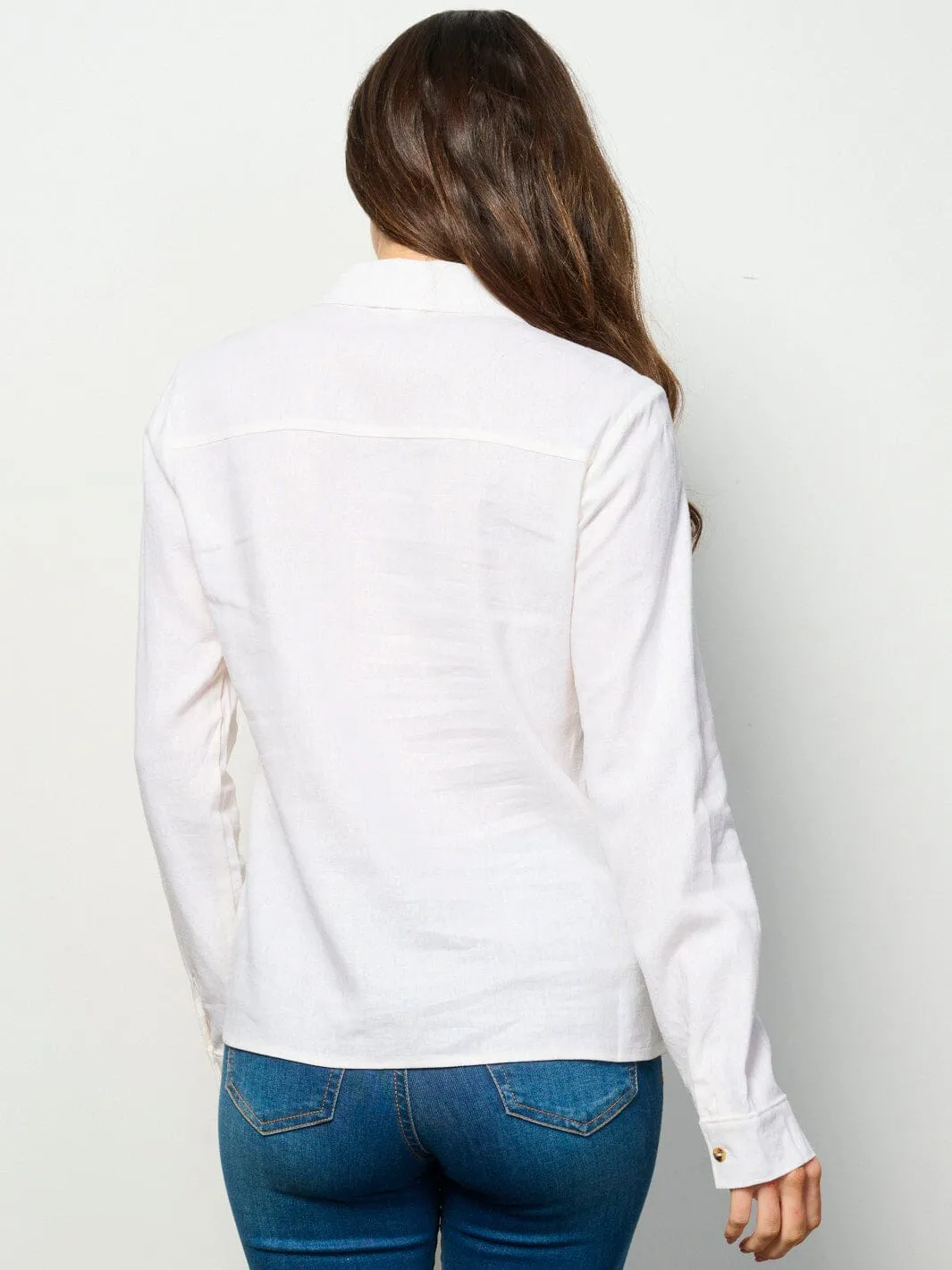 WOMEN'S LONG SLEEVE BUTTON UP FRONT POCKETS LINEN TOP
