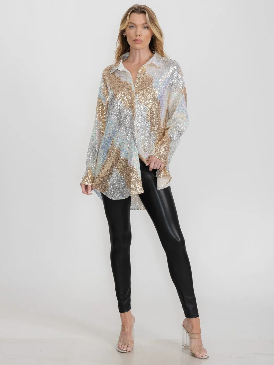 WOMEN'S LONG SLEEVE BUTTON UP MULTI COLOR SEQUINS TOP