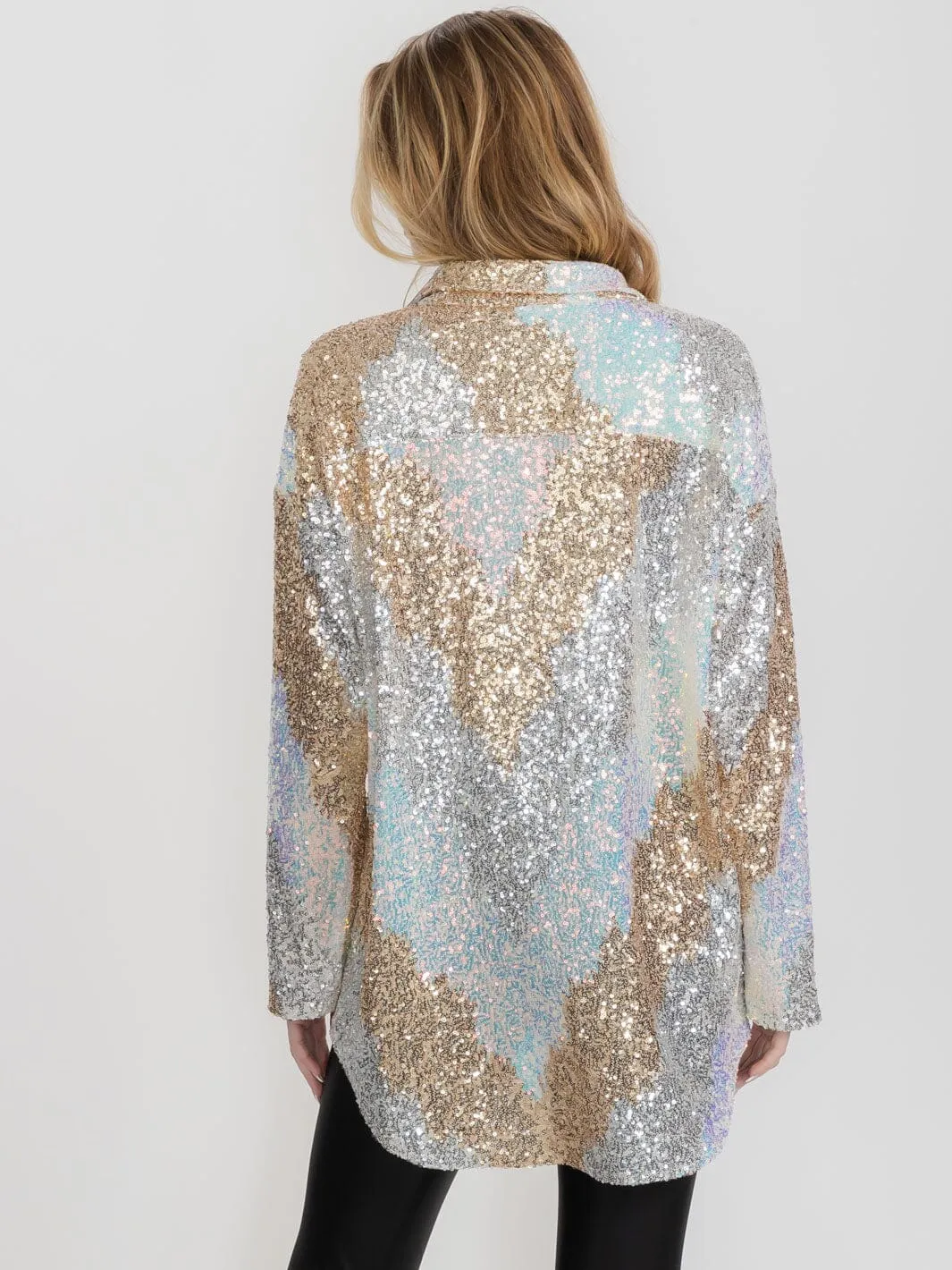 WOMEN'S LONG SLEEVE BUTTON UP MULTI COLOR SEQUINS TOP