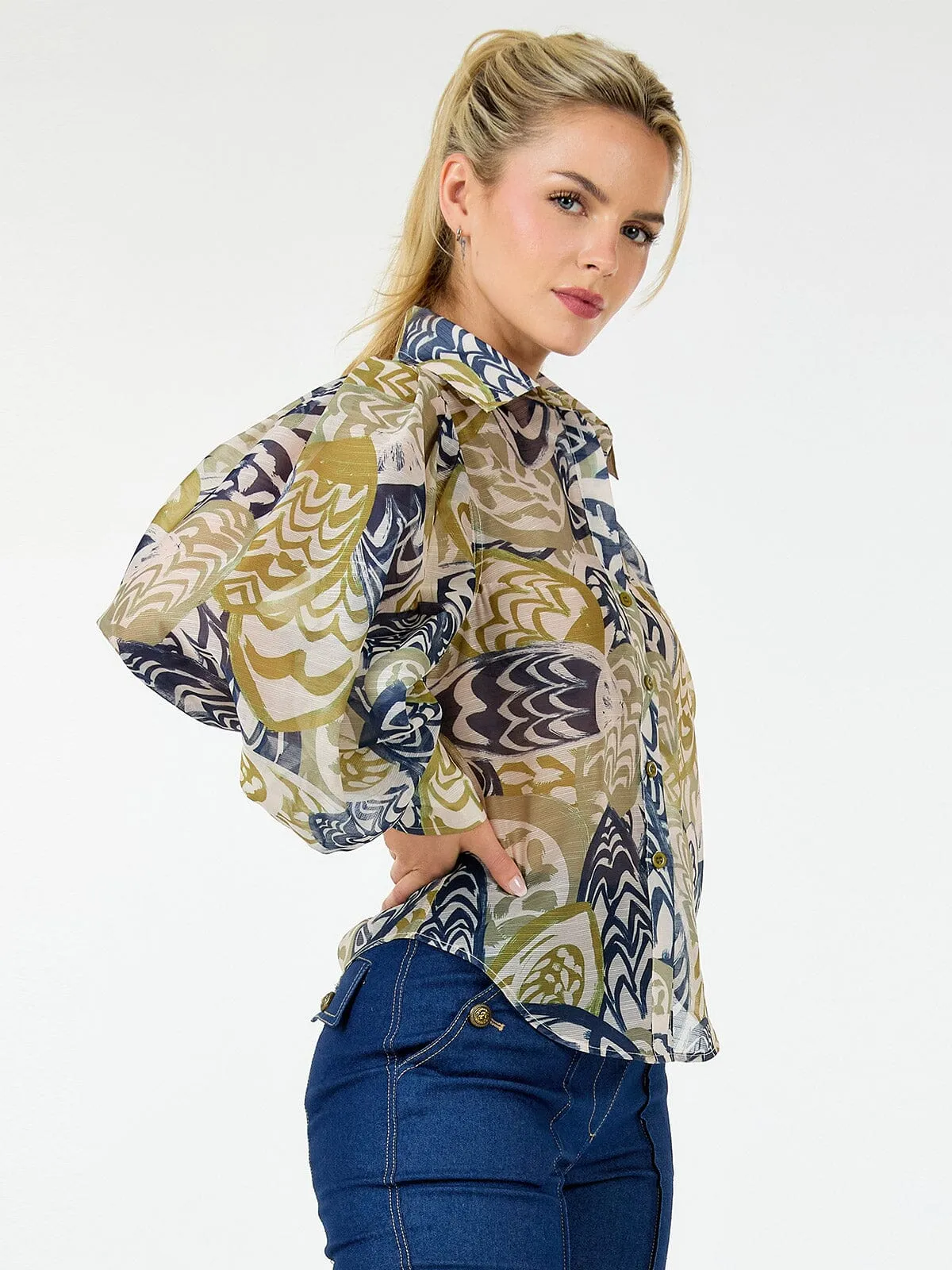 WOMEN'S LONG SLEEVE BUTTON UP MULTI PRINT BLOUSE