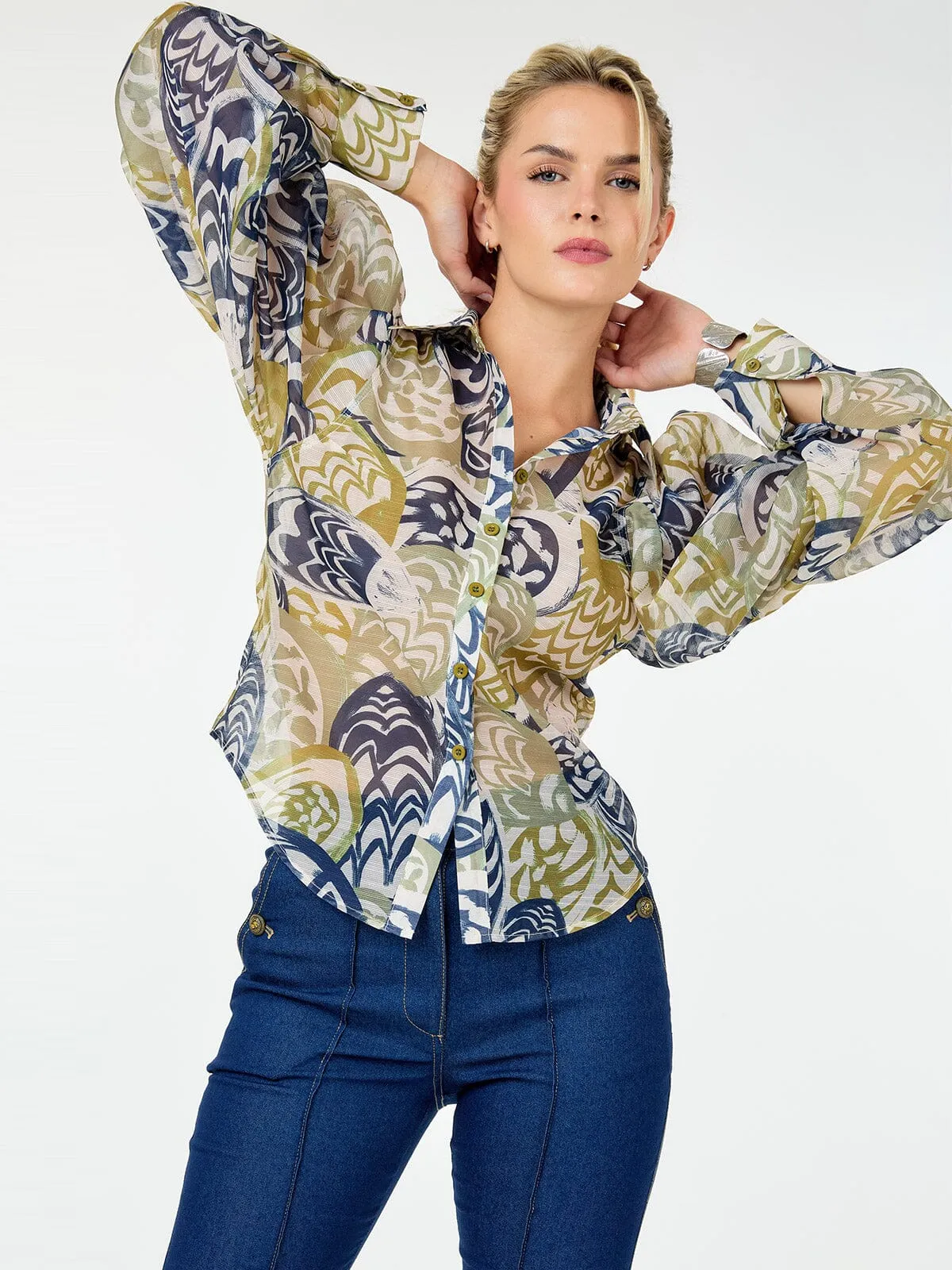 WOMEN'S LONG SLEEVE BUTTON UP MULTI PRINT BLOUSE