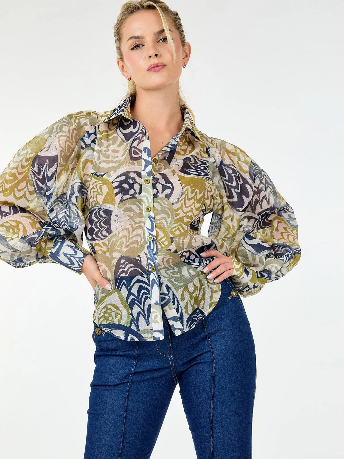WOMEN'S LONG SLEEVE BUTTON UP MULTI PRINT BLOUSE
