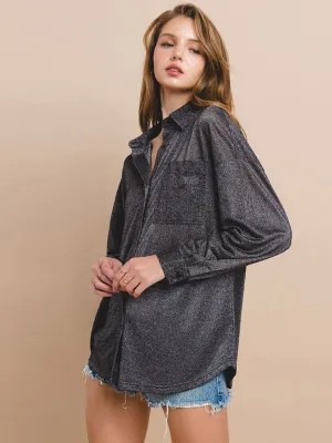 WOMEN'S LONG SLEEVE BUTTON UP POCKETS SHIMMER BLOUSE TOP