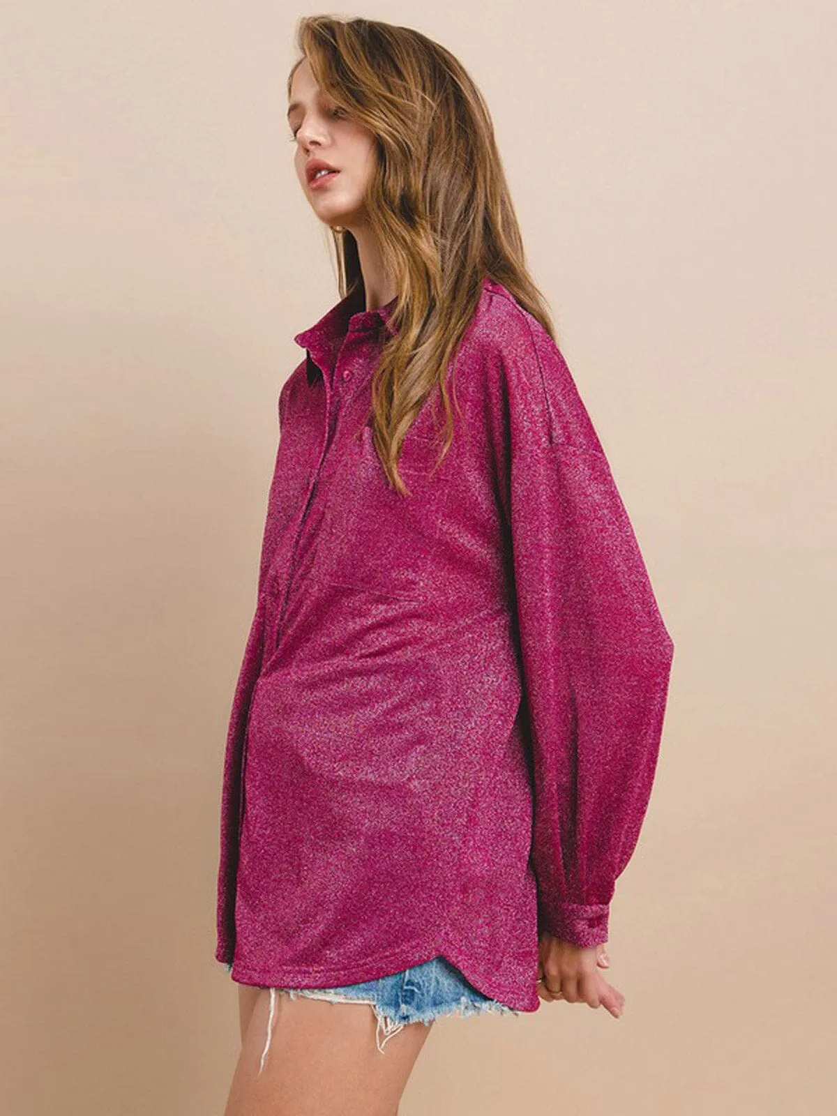 WOMEN'S LONG SLEEVE BUTTON UP POCKETS SHIMMER BLOUSE TOP