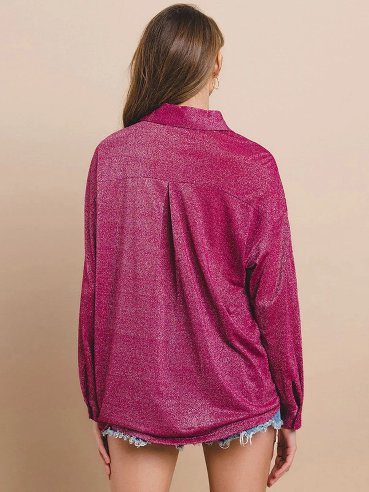 WOMEN'S LONG SLEEVE BUTTON UP POCKETS SHIMMER BLOUSE TOP