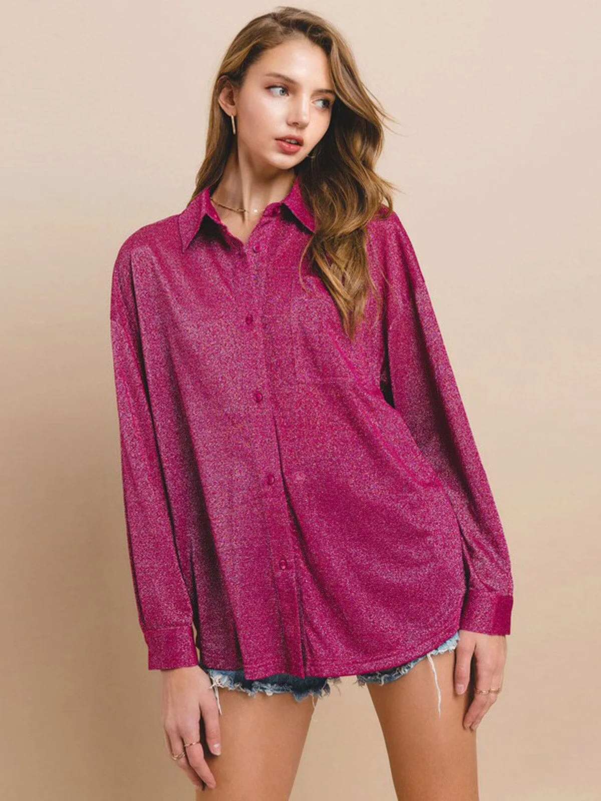 WOMEN'S LONG SLEEVE BUTTON UP POCKETS SHIMMER BLOUSE TOP