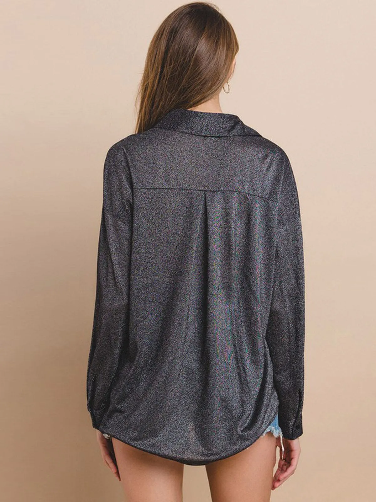WOMEN'S LONG SLEEVE BUTTON UP POCKETS SHIMMER BLOUSE TOP