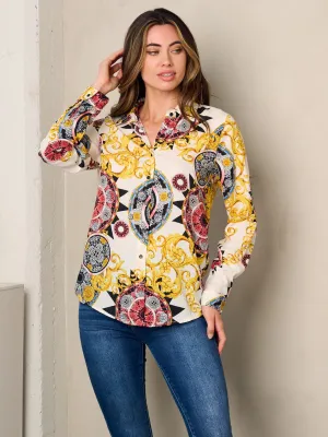 WOMEN'S LONG SLEEVE BUTTON UP PRINTED BLOUSE TOP