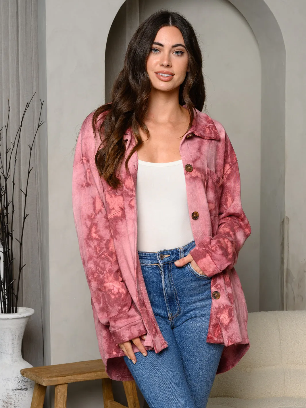 WOMEN'S LONG SLEEVE BUTTON UP TIE DYE TOP
