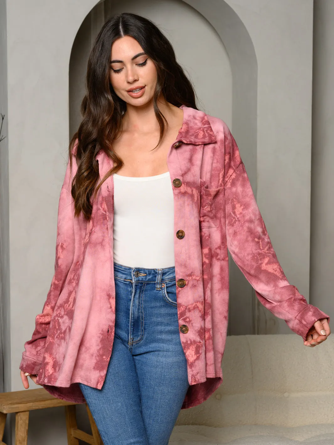 WOMEN'S LONG SLEEVE BUTTON UP TIE DYE TOP