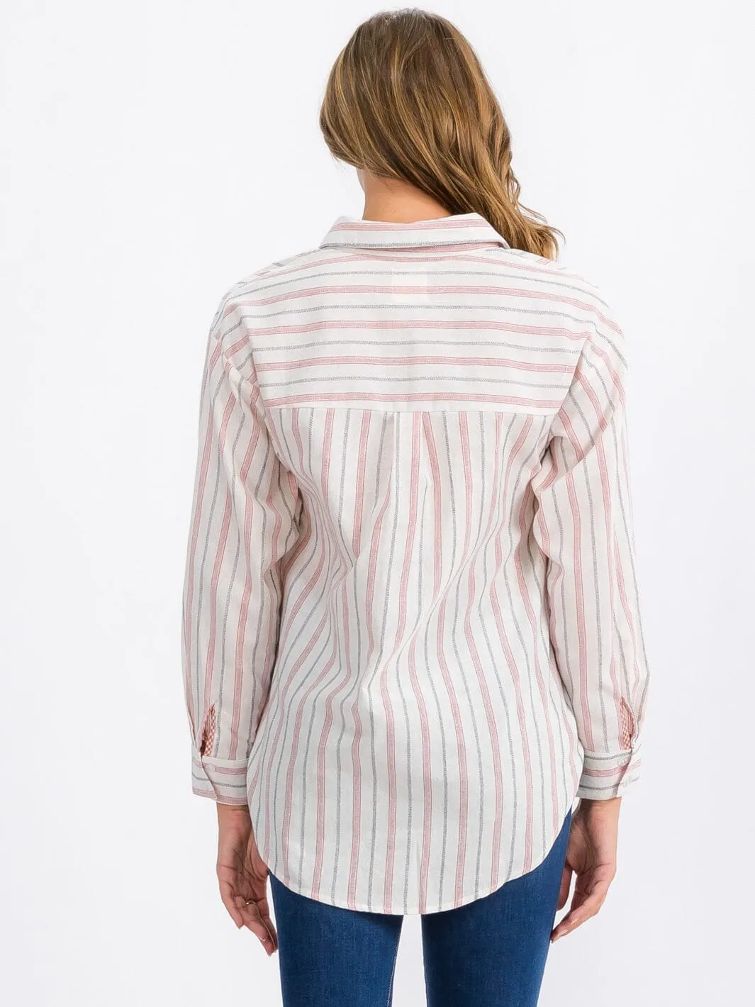 WOMEN'S LONG SLEEVE FRONT POCKET BUTTON UP STRIPES TOP