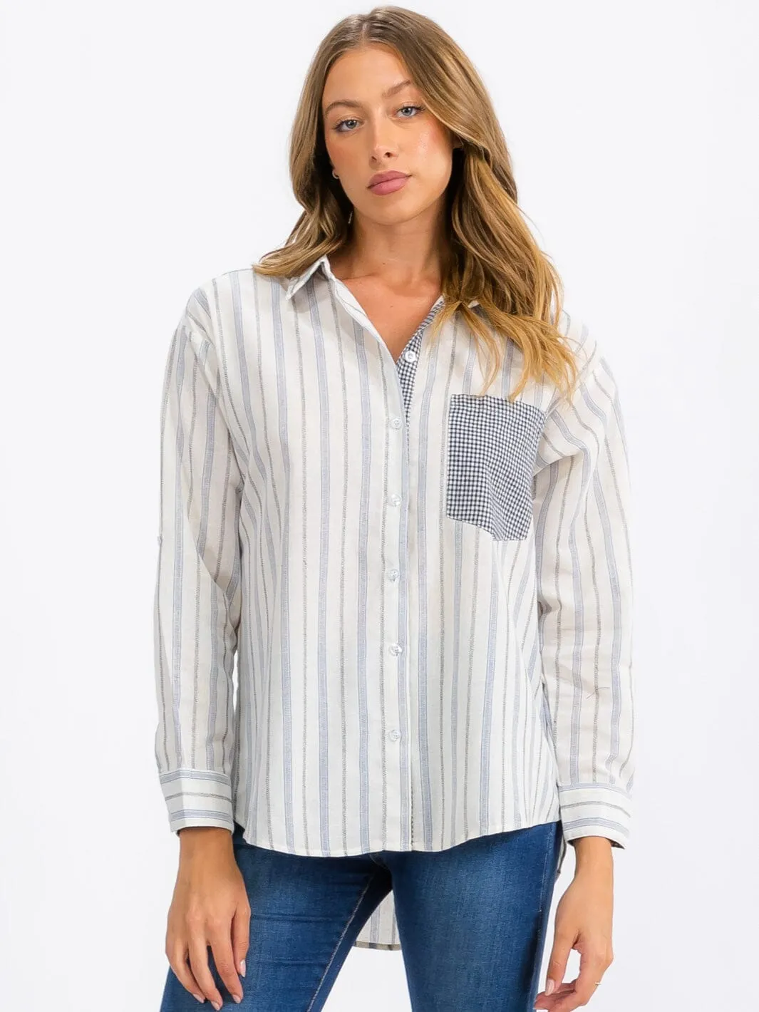 WOMEN'S LONG SLEEVE FRONT POCKET BUTTON UP STRIPES TOP