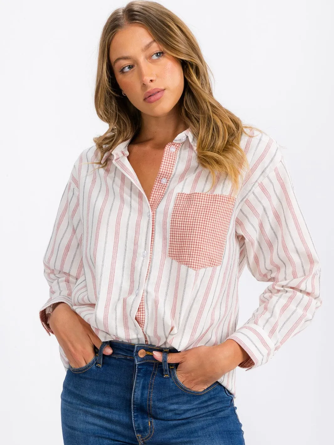 WOMEN'S LONG SLEEVE FRONT POCKET BUTTON UP STRIPES TOP