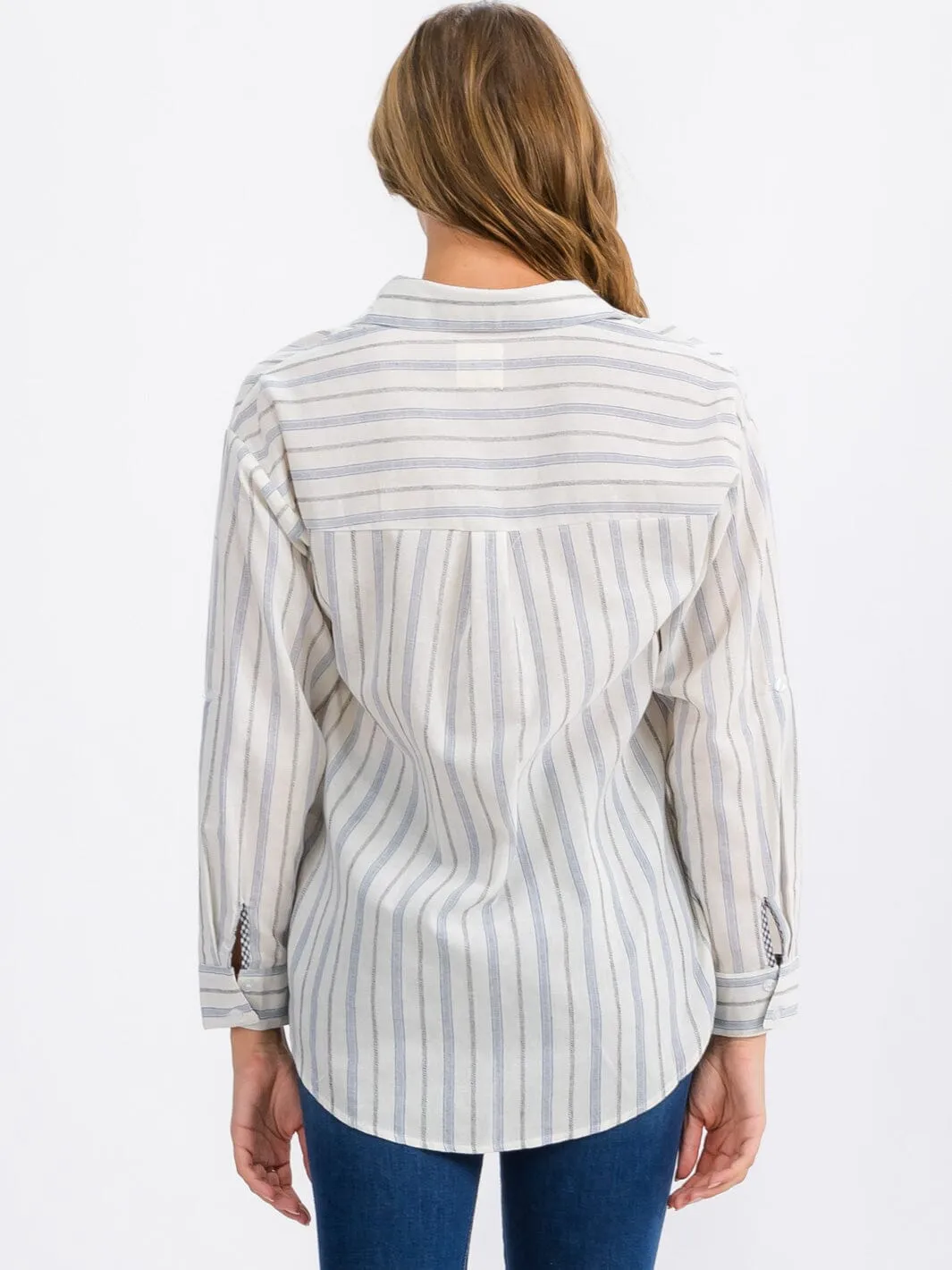 WOMEN'S LONG SLEEVE FRONT POCKET BUTTON UP STRIPES TOP
