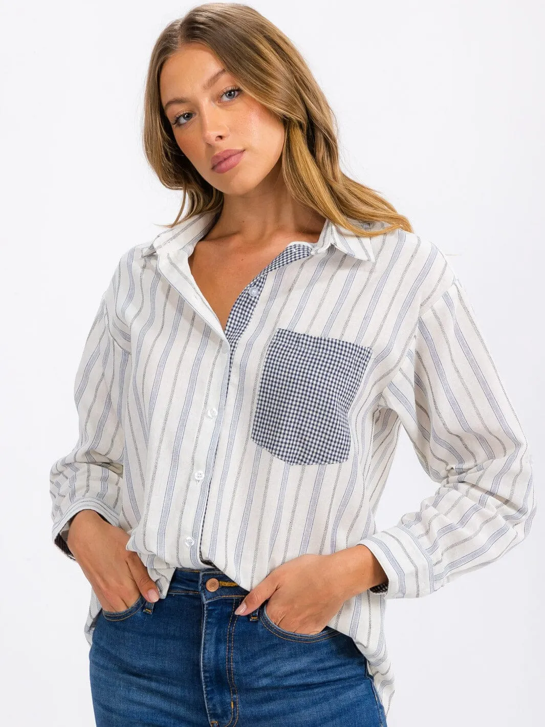 WOMEN'S LONG SLEEVE FRONT POCKET BUTTON UP STRIPES TOP