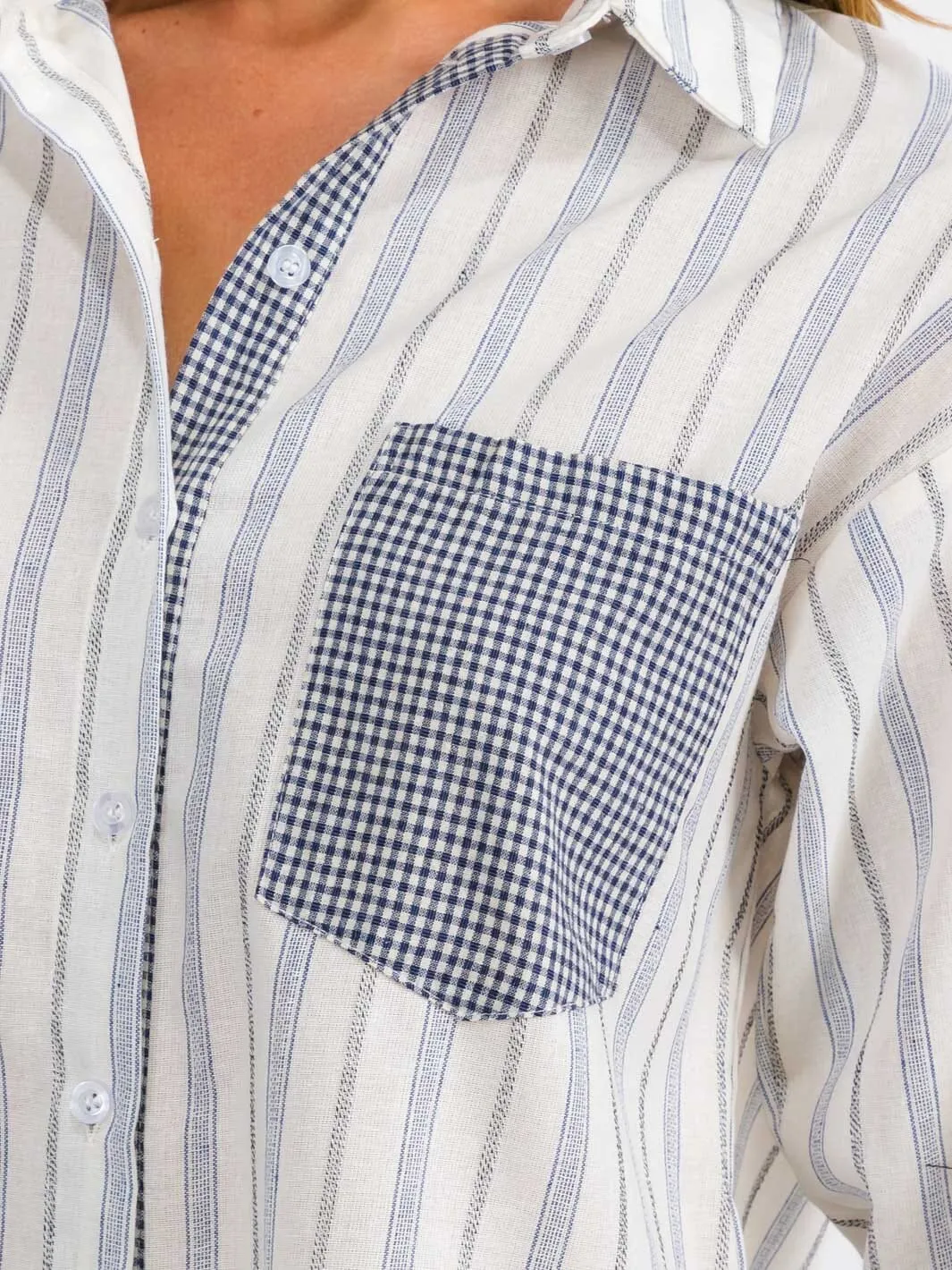 WOMEN'S LONG SLEEVE FRONT POCKET BUTTON UP STRIPES TOP