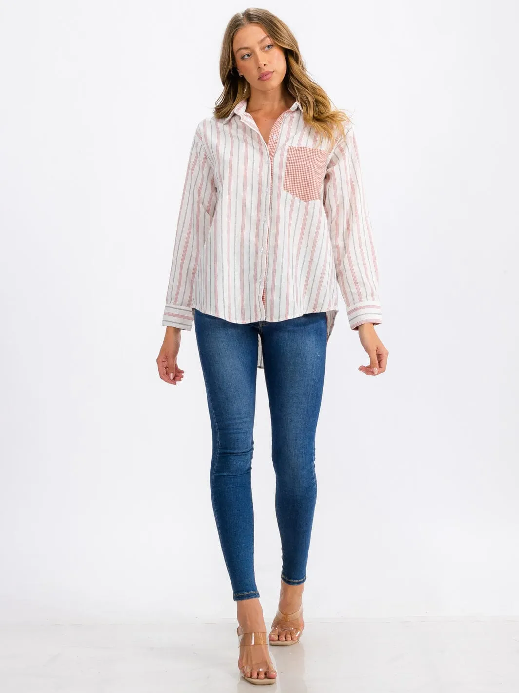 WOMEN'S LONG SLEEVE FRONT POCKET BUTTON UP STRIPES TOP