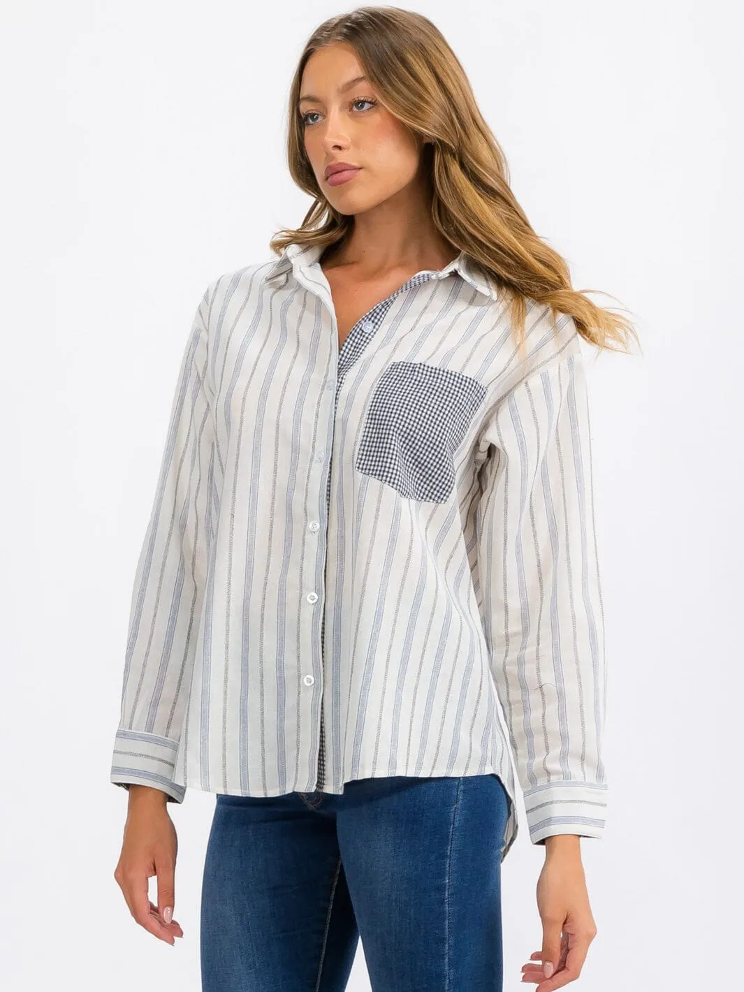 WOMEN'S LONG SLEEVE FRONT POCKET BUTTON UP STRIPES TOP