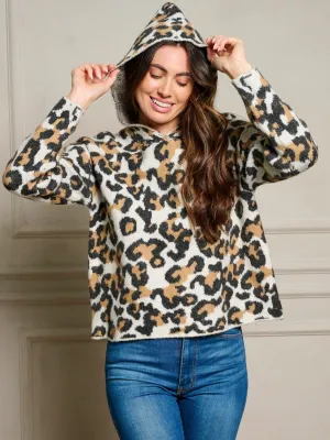 WOMEN'S LONG SLEEVE HOODED ANIMAL PRINT PULLOVER SWEATER