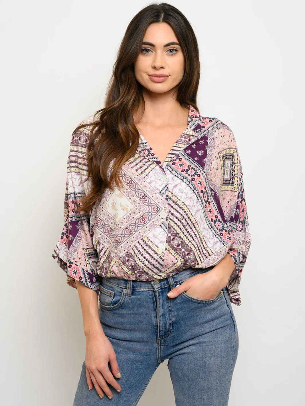 WOMEN'S MULTI PRINT BUTTON UP TOP