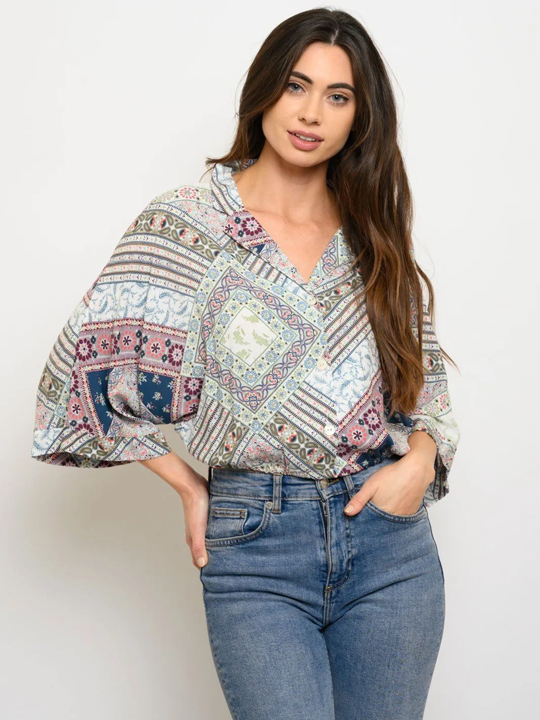 WOMEN'S MULTI PRINT BUTTON UP TOP