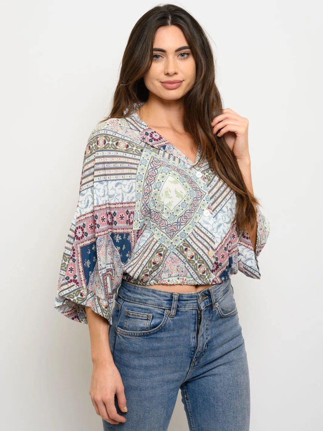 WOMEN'S MULTI PRINT BUTTON UP TOP