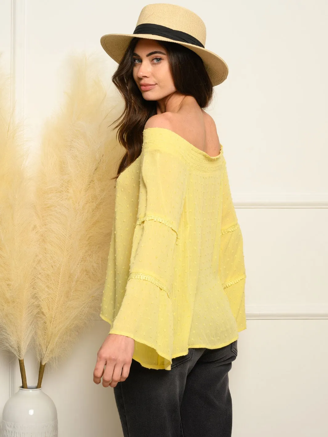 WOMEN'S OFF SHOULDER SWISS DOTS BELL SLEEVE TOP