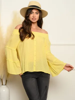 WOMEN'S OFF SHOULDER SWISS DOTS BELL SLEEVE TOP