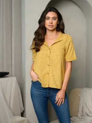 WOMEN'S SHORT SLEEVE BUTTON FRONT COLLAR TOP