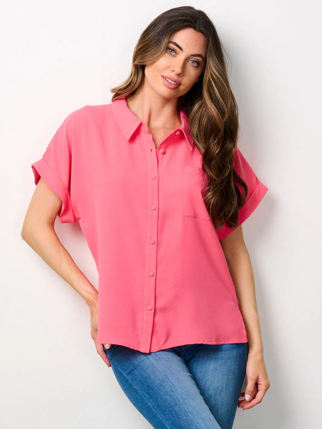 WOMEN'S SHORT SLEEVE BUTTON UP BLOUSE TOP