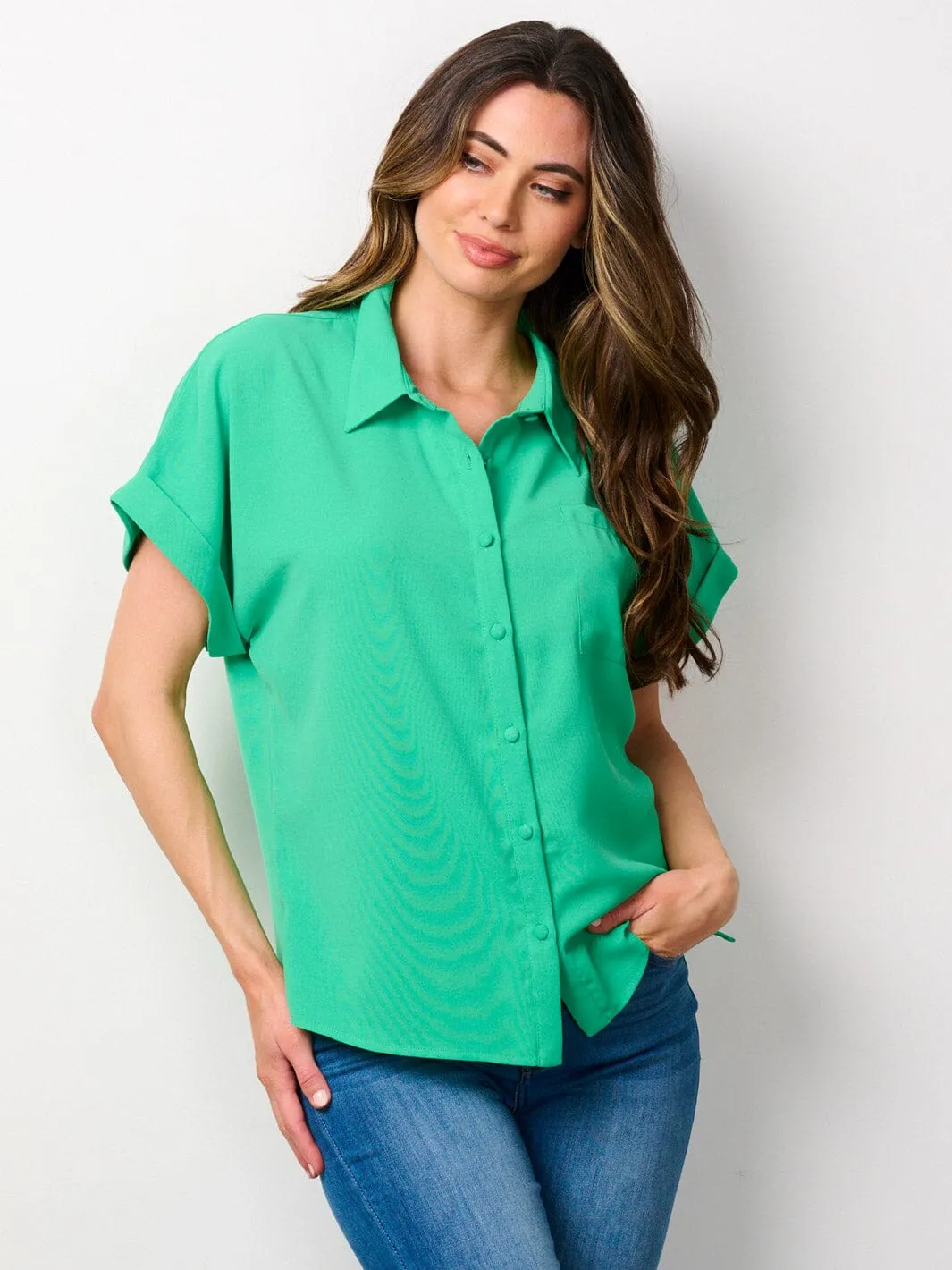 WOMEN'S SHORT SLEEVE BUTTON UP BLOUSE TOP
