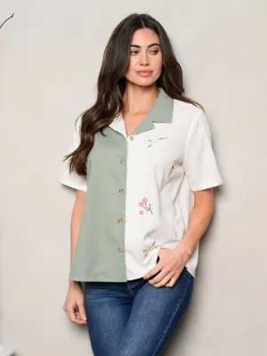 WOMEN'S SHORT SLEEVE BUTTON UP COLORBLOCK TOP