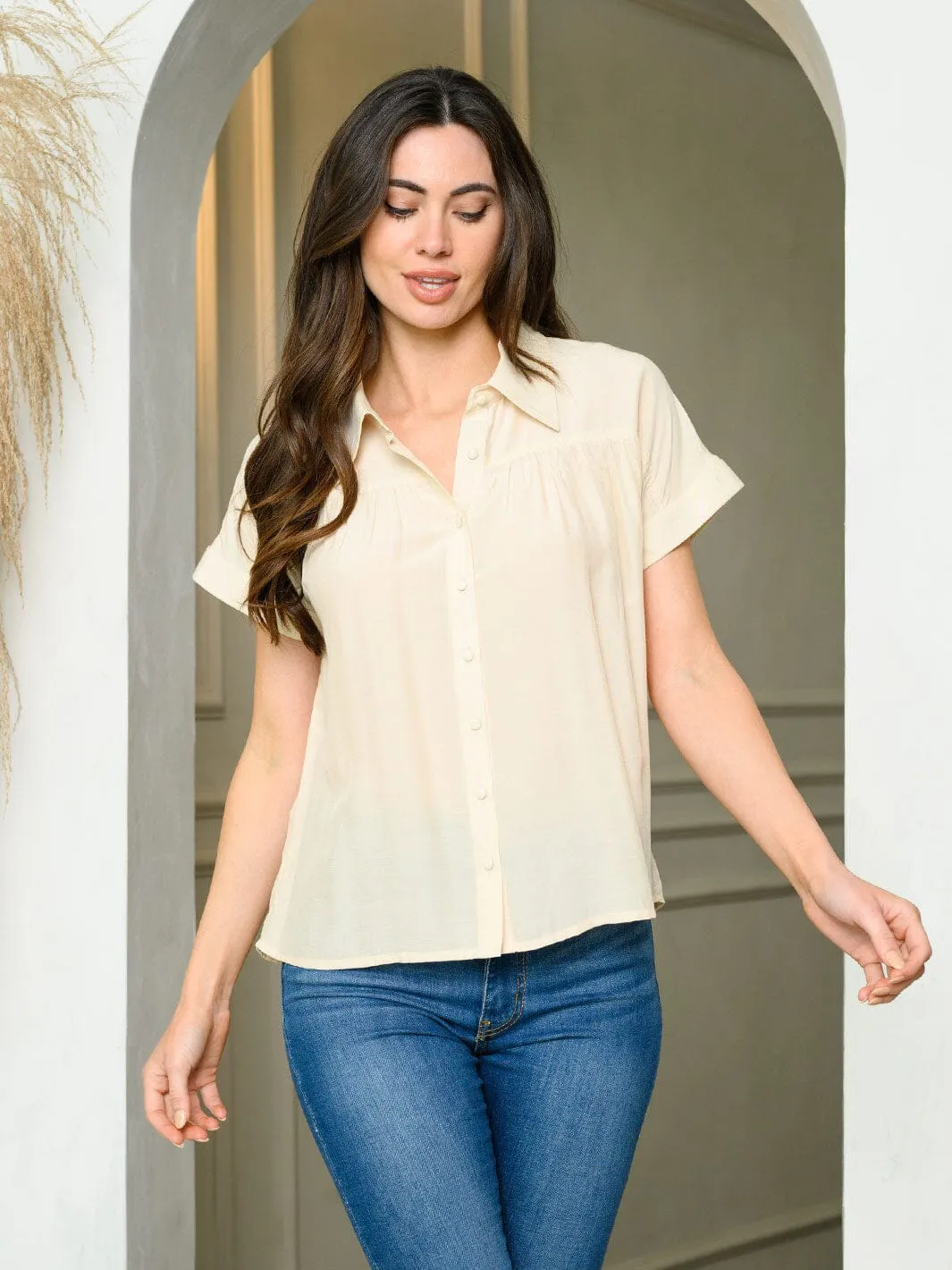 WOMEN'S SHORT SLEEVE BUTTON UP LOOSE FIT TOP