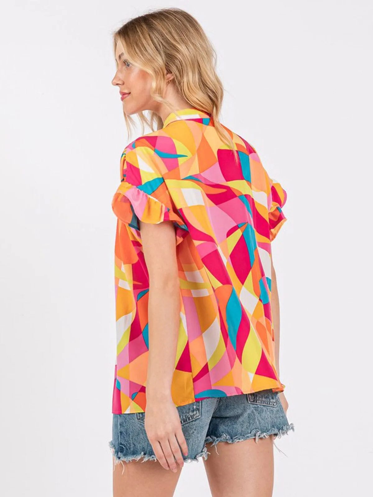 WOMEN'S SHORT SLEEVE BUTTON UP MULTI PRINT TUNIC  BLOUSE TOP