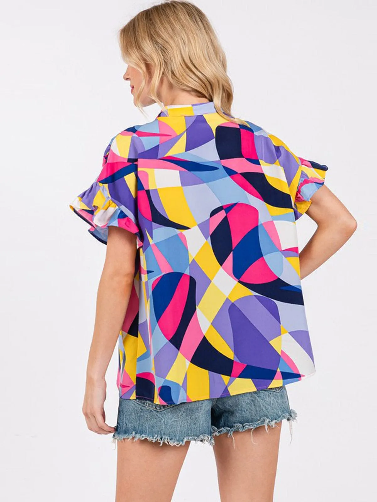 WOMEN'S SHORT SLEEVE BUTTON UP MULTI PRINT TUNIC  BLOUSE TOP