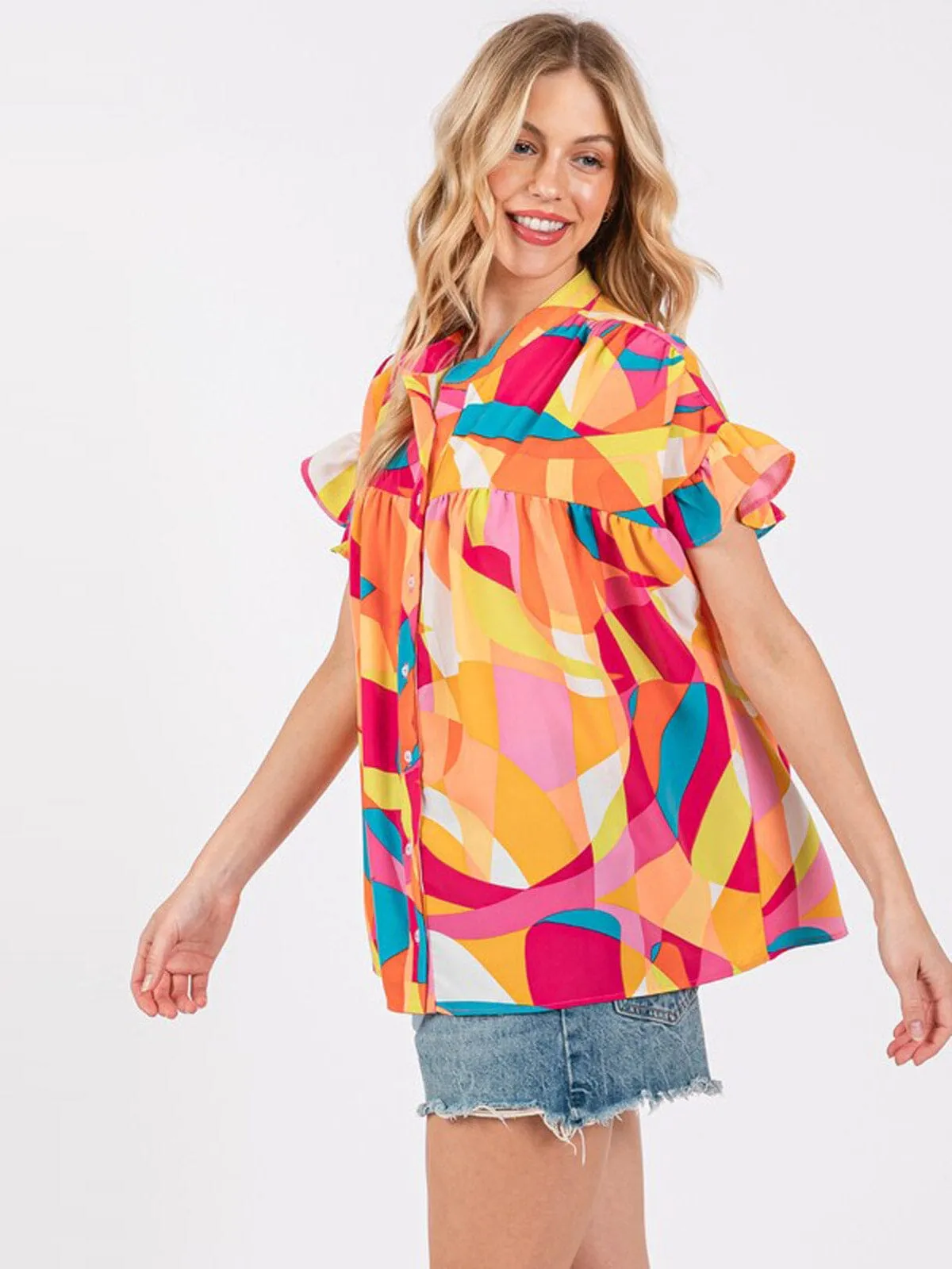 WOMEN'S SHORT SLEEVE BUTTON UP MULTI PRINT TUNIC  BLOUSE TOP