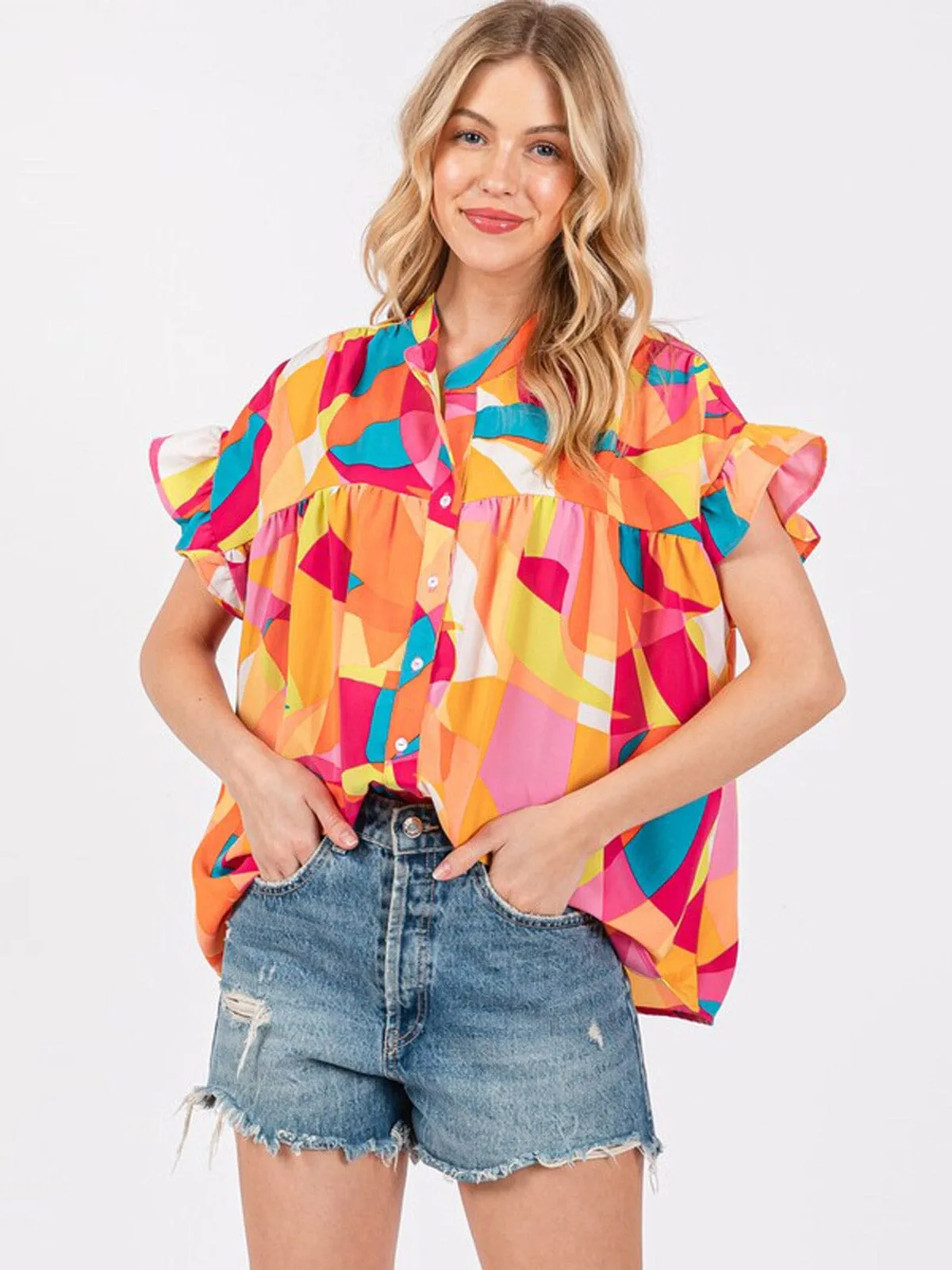 WOMEN'S SHORT SLEEVE BUTTON UP MULTI PRINT TUNIC  BLOUSE TOP