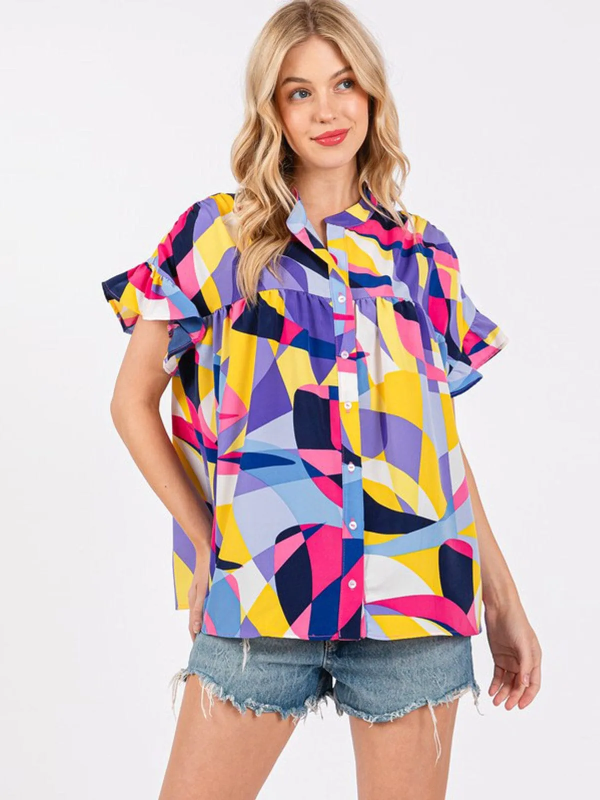 WOMEN'S SHORT SLEEVE BUTTON UP MULTI PRINT TUNIC  BLOUSE TOP