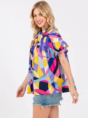 WOMEN'S SHORT SLEEVE BUTTON UP MULTI PRINT TUNIC  BLOUSE TOP